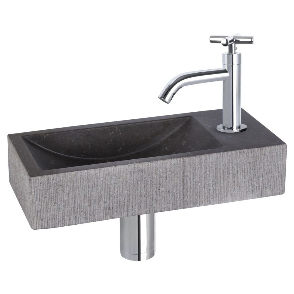 Differnz Ribble fonteinset bombai black - natuursteen - kraan kruis chroom